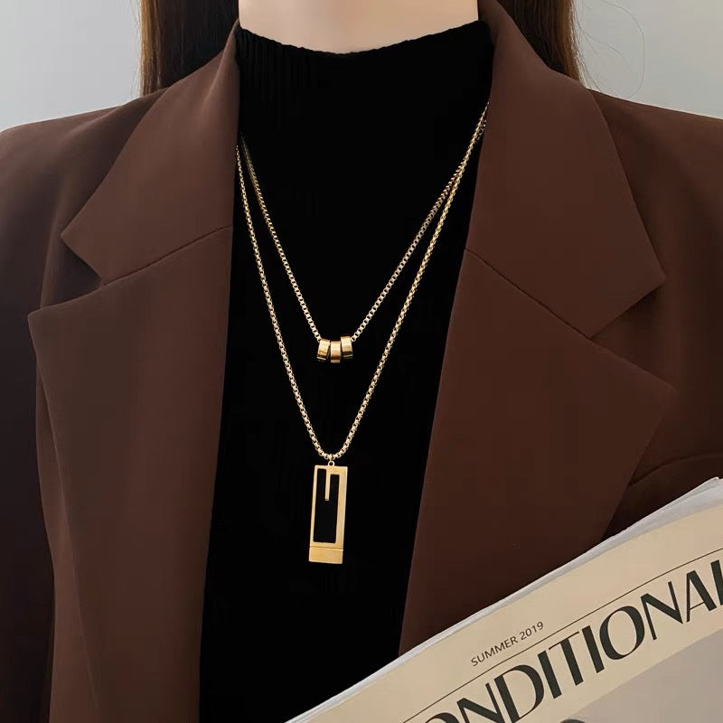 Minimalist Geometric Titanium Steel Double-Layer Pendant Necklace for Women and Men with Polished Finish and Chic Long Sweater Chain Design
