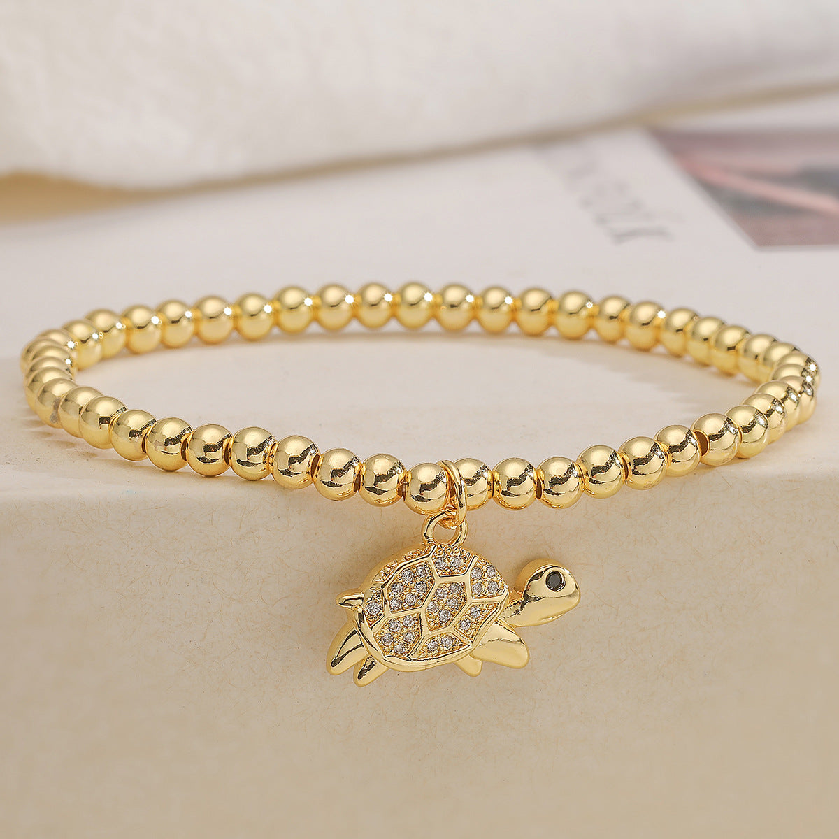 Fashion Cute 18K Gold Plated Cubic Zirconia Turtle Animal Brass Ball Chain Bracelet for Women