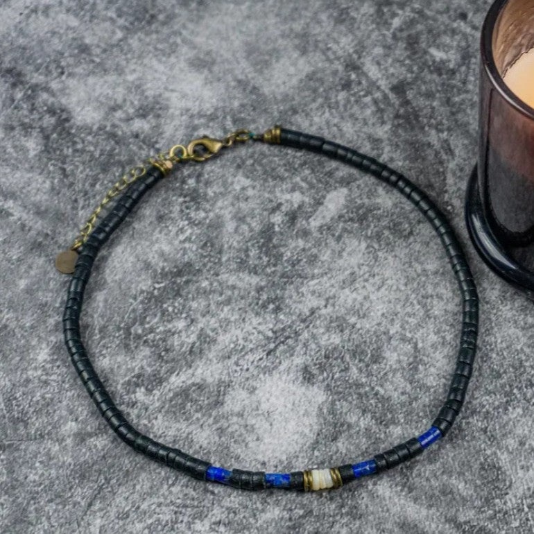 Bohemian Vintage Punk Hip-hop Geometric Handmade Wood Lapis Lazuli Beaded Necklace with Shell Pendant for Unisex