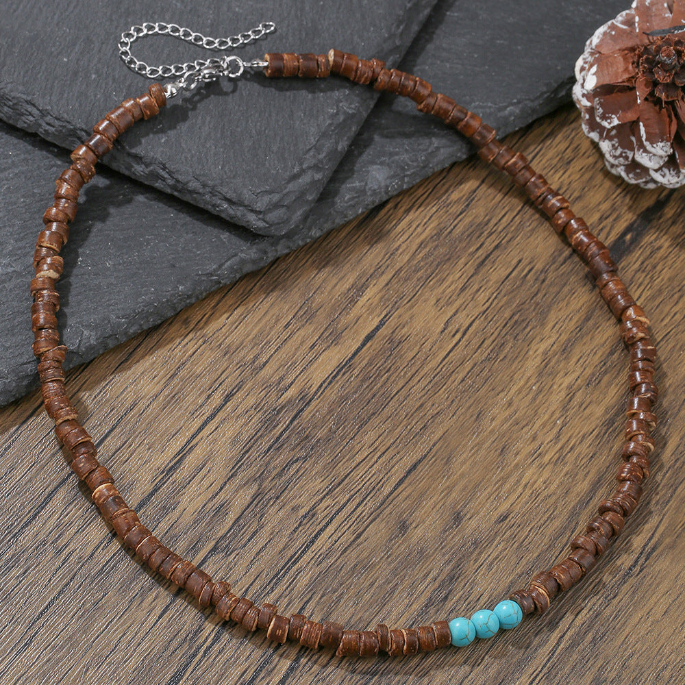 Vintage Bohemian Ethnic Geometric Wood Bead Turquoise Stainless Steel Ball Chain Necklace for Unisex