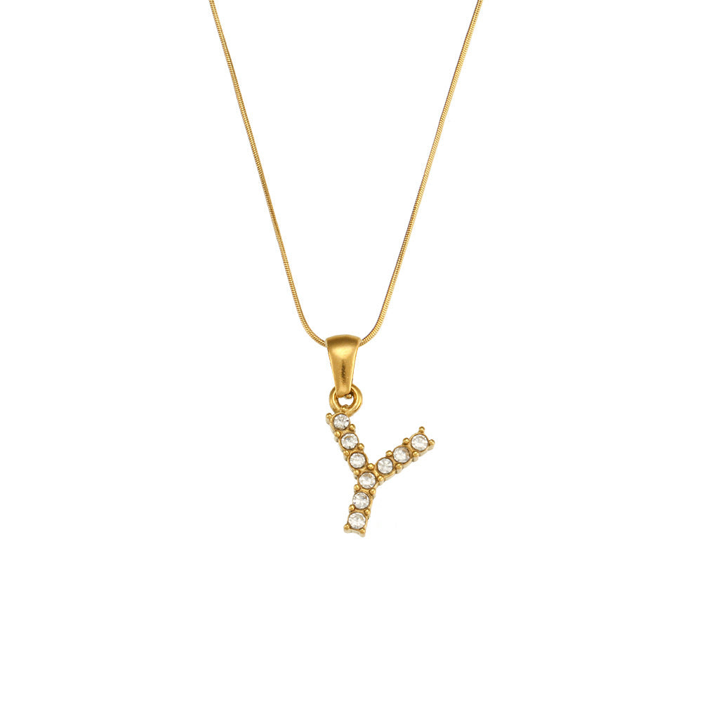 Fashion Minimalist Letter Pendant Necklace in Stainless Steel with 18K Gold Plating and Cubic Zirconia on Thin Snake Chain for Women
