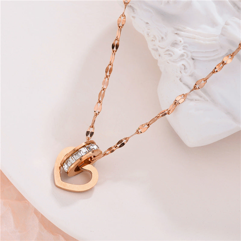 Minimalist Rose Gold Titanium Steel Heart-Shaped Pendant Necklace for Women with Rhinestone Inlay and Plated Finish