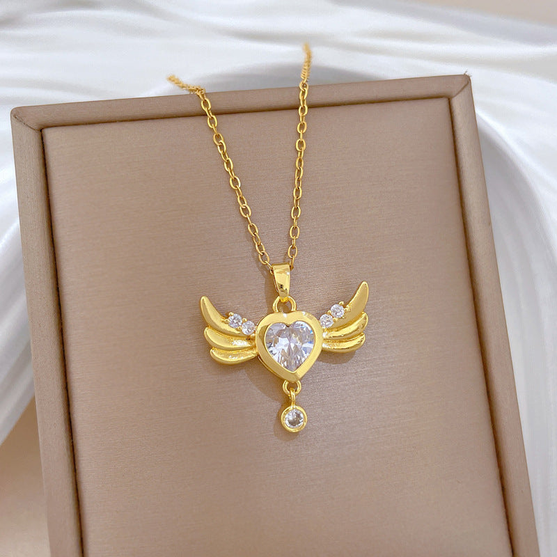 Sweet Elegant Heart Rhinestone Titanium Steel Necklace with Wing Tassel for Unisex
