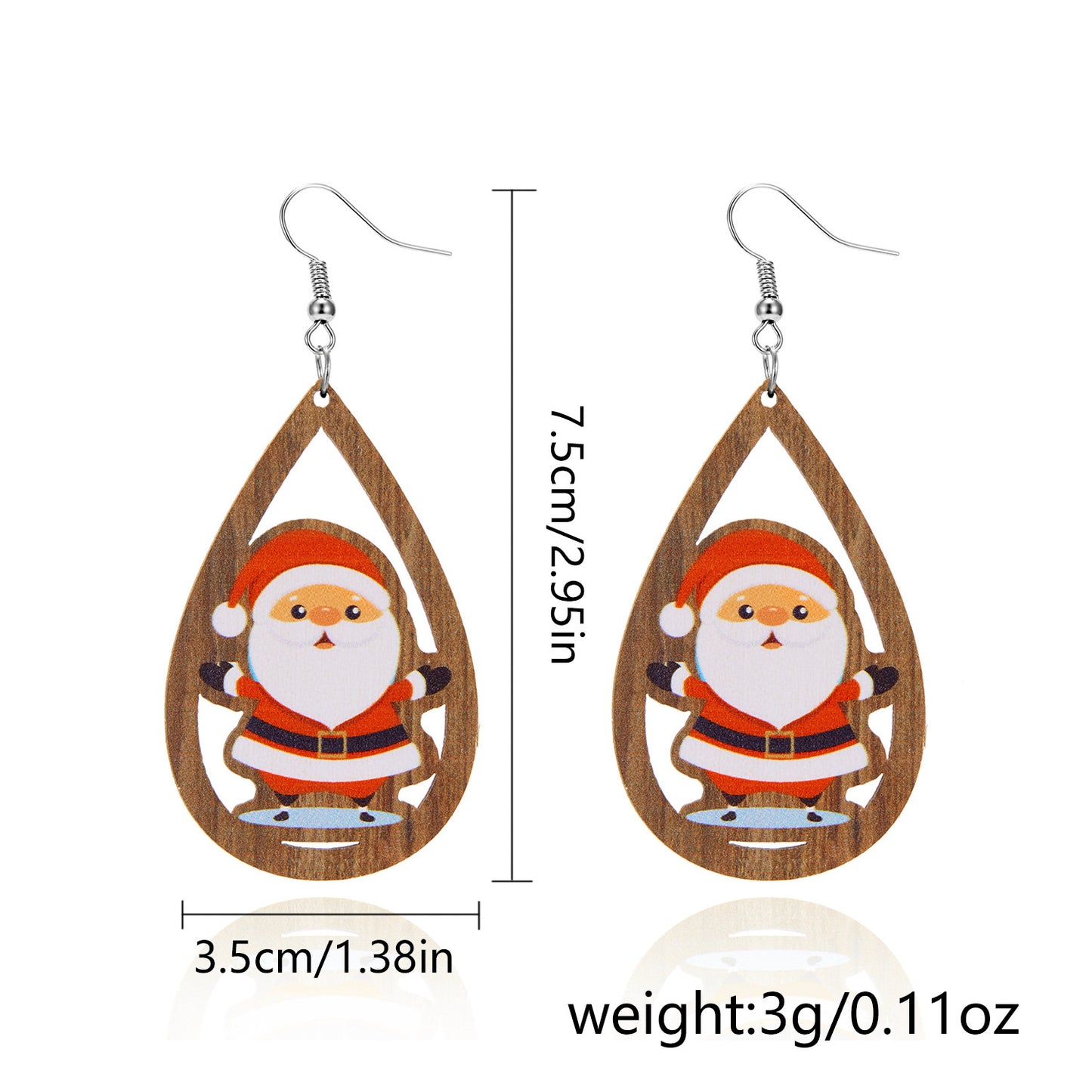 Orecchini natalizi pendenti vintage esotici in legno a forma di goccia con motivi di fiocchi di neve, alberi di Natale e Babbo Natale stampati