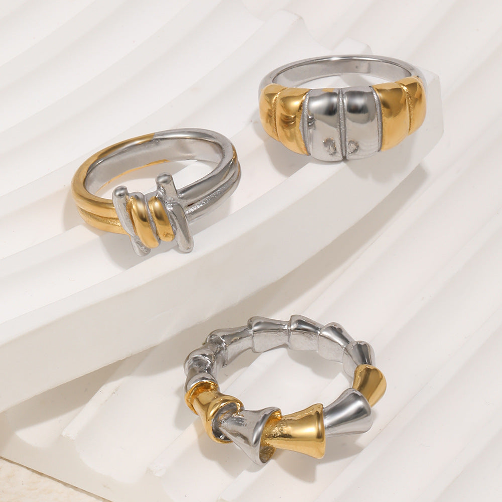 Minimalist Geometric 18K Gold Plated Stainless Steel Bread Joint Line Ring for Women