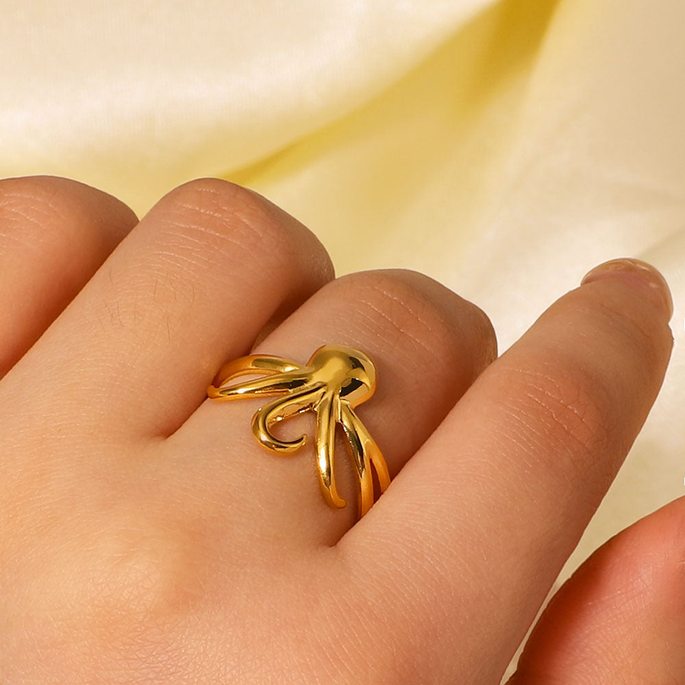 Anello da donna in acciaio al titanio a forma di polpo minimalista, gioielli ipoallergenici in acciaio inossidabile con finitura placcata