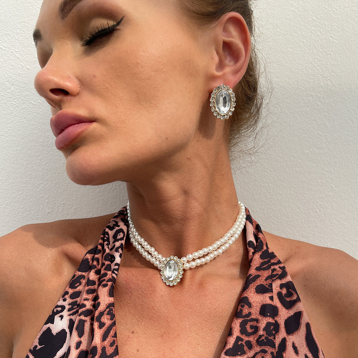 Elegant Luxury Geometric Alloy Plated Necklace Set with Faux Pearl and Gemstone Inlay for Women