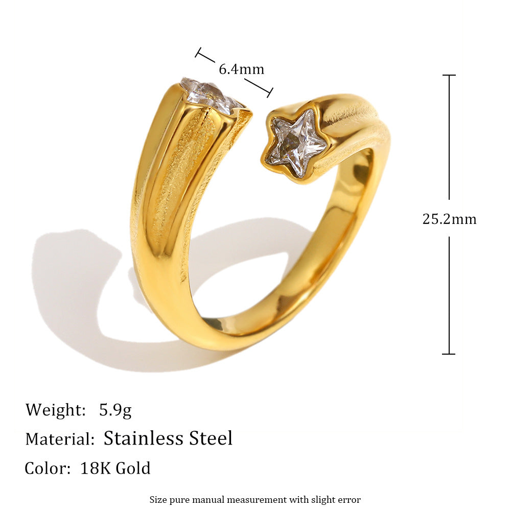 Fashionable Star-Shaped Stainless Steel Ring with 18K Gold Plating and Zircon Inlay for Women