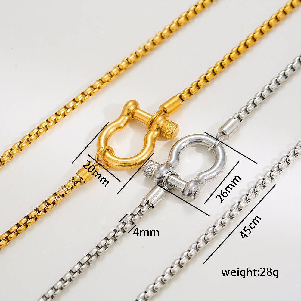 Minimalist Geometric Carabiner Necklace in Stainless Steel with 18K Gold Plating on Pearl Chain for Women