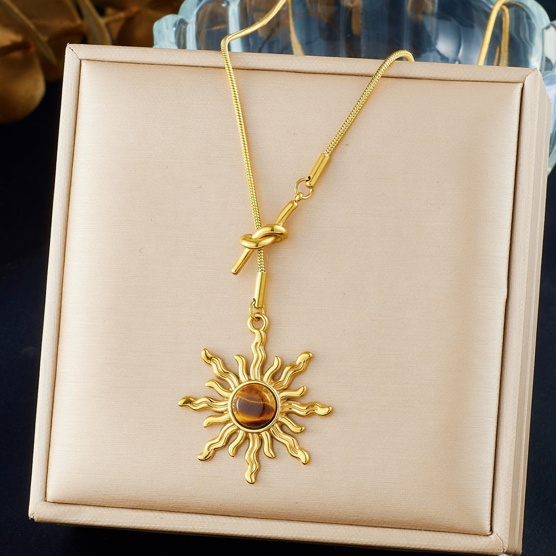 Vintage Gold Plated Sun Stainless Steel Pendant Snake Chain Necklace for Women