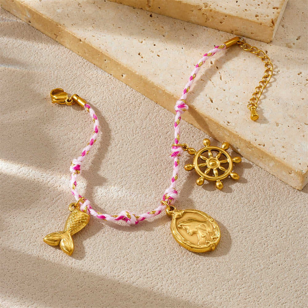Sweet Gold Plated Oval Cartoon Charm Bar Stainless Steel Bracelet