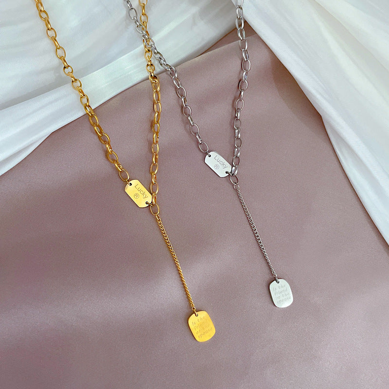 Geometric Pendant Necklace for Women with Titanium Steel Chain and Gold Plating, Minimalist Cold-Tone Choker with Tassel Detail