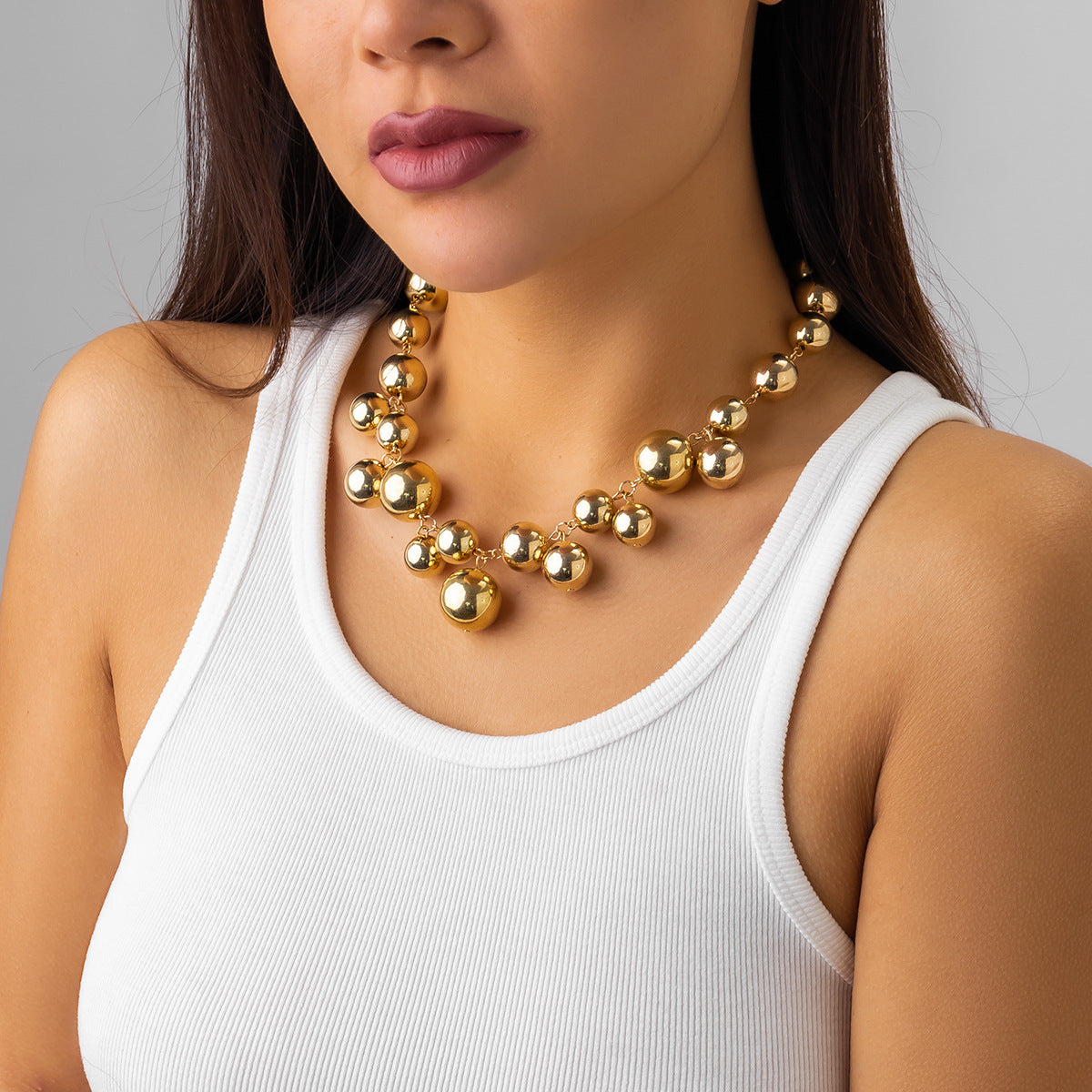 Minimalist Geometric Pendant Necklace for Women with Imitation Pearl Drop and Electroplated Metal Ball Tassels on Beaded Chain