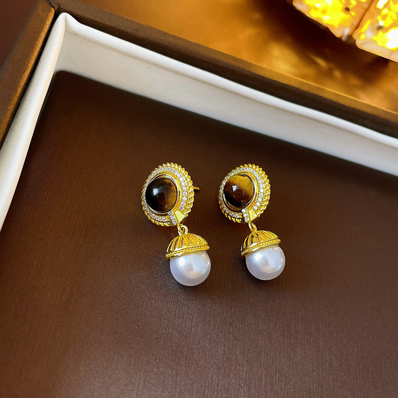 Pendientes de perlas y conchas de estilo vintage de aleación con baño de oro para mujer