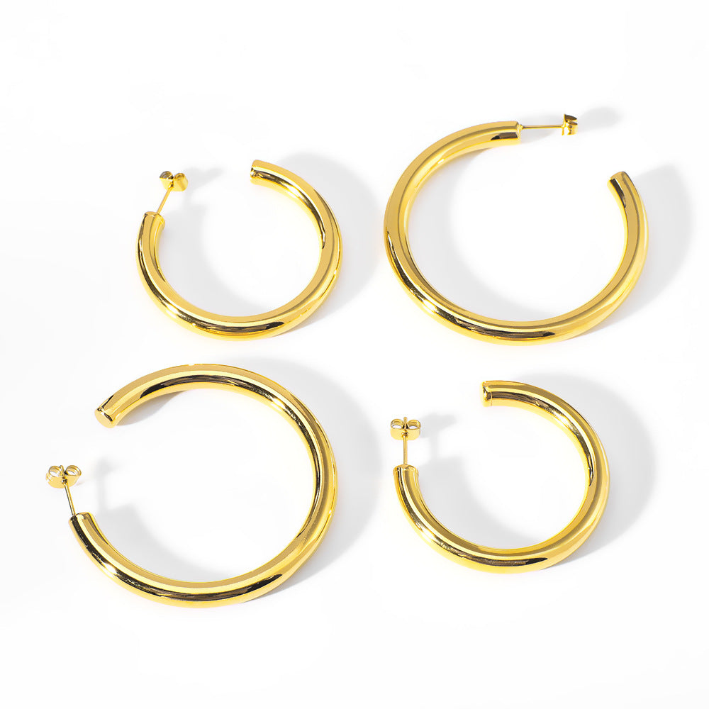Vintage-Style Geometric Stainless Steel 18K Gold Plated C-Shaped Hoop Earrings for Women