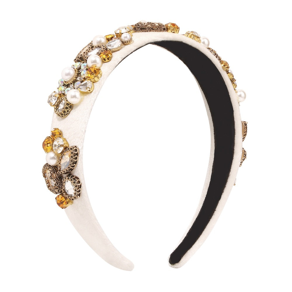 Cerchietto Barocco Geometrico da Donna con Struttura in Lega, Fascia in Velluto, Dettagli in Strass e Perle, Copricapo di Lusso Stile Palazzo