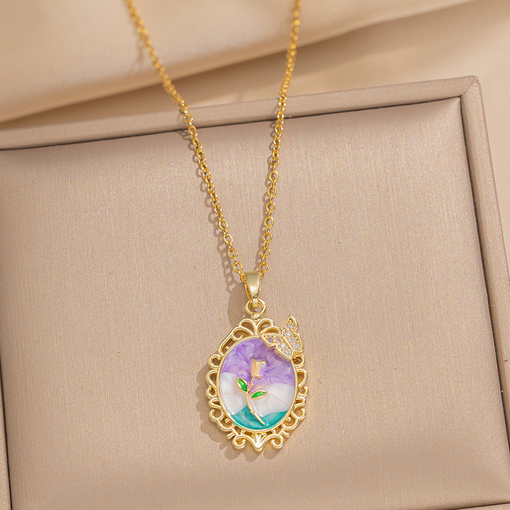 Baroque Style Leaf-Shaped Titanium Steel Necklace with Tulip Floral Motif, Vacuum-Plated for Hypoallergenic Wear, O-Chain Design