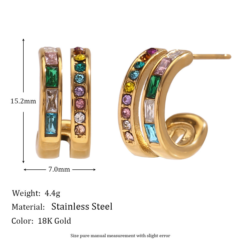 Orecchini a clip geometrici in acciaio inossidabile d'ispirazione vintage placcati oro 18 carati con zirconia cubica da donna