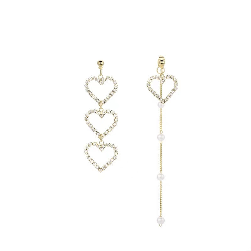 Minimalist Heart-Shaped Alloy Earrings with Rhinestone Inlay and Pearl Dangle for Women