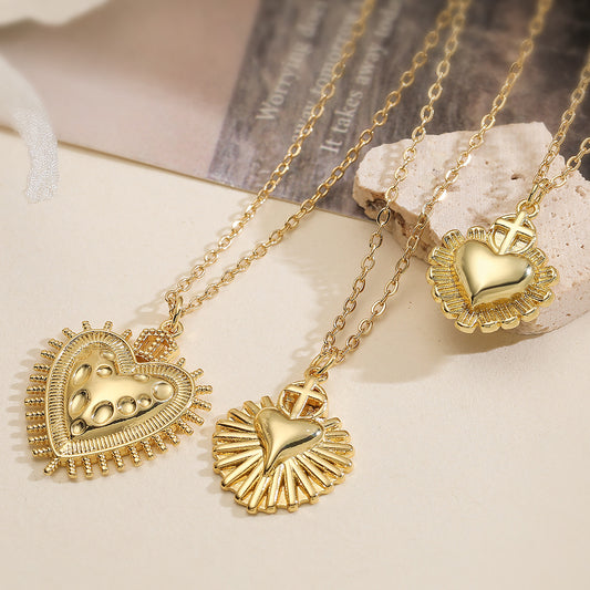 Minimalist Vintage 18K Gold Plated Heart Cross Pendant Necklace for Women