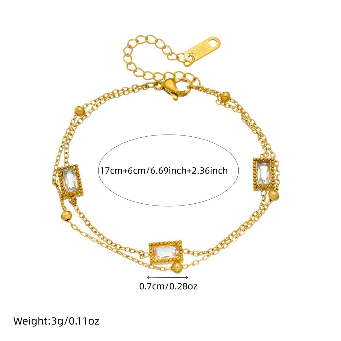 Minimalist Gold Plated Stainless Steel Square Rhinestone Double Layer Chain Bracelet for Women