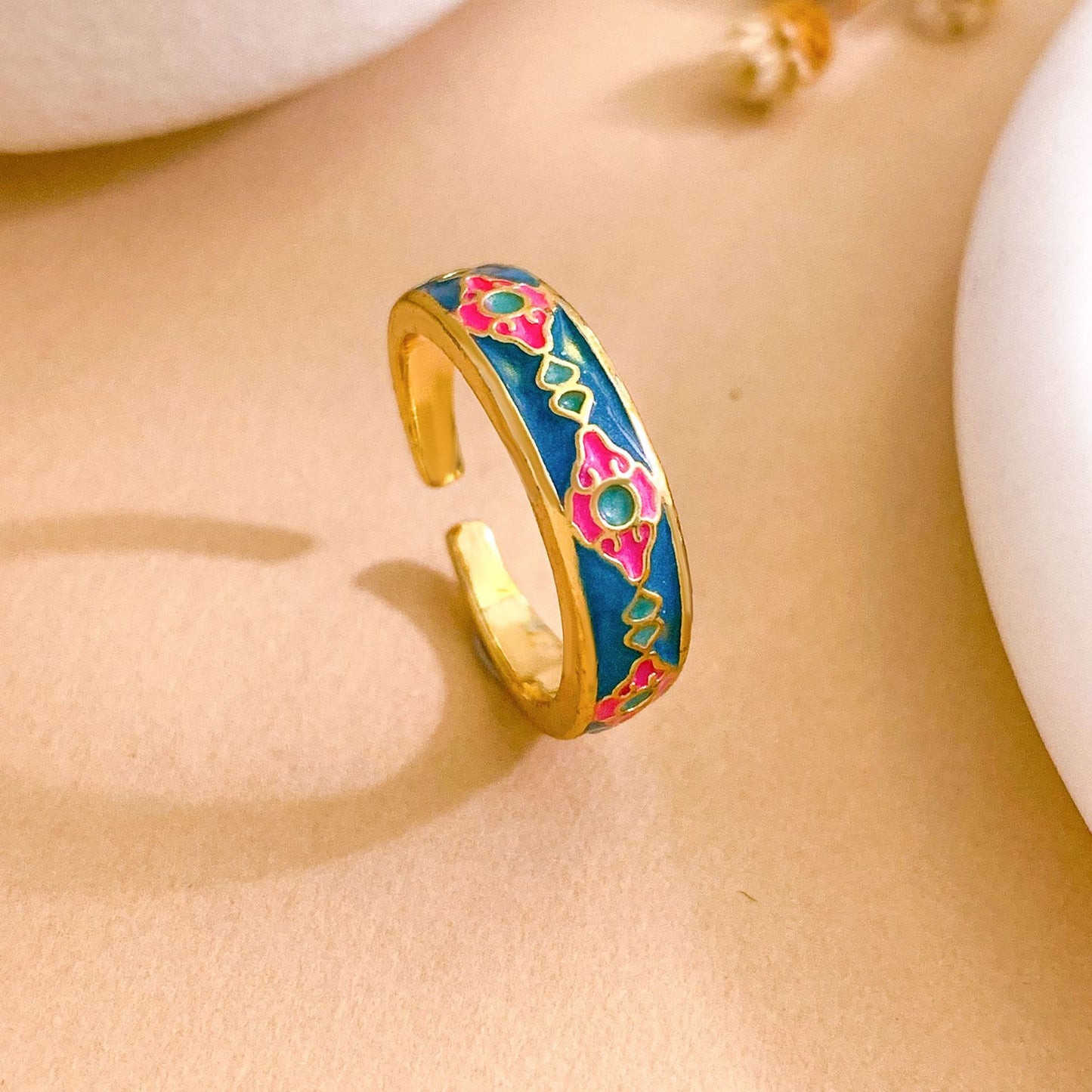Vintage Sweet Geometric Polka Dot Gold Plated Brass Adjustable Ring for Women