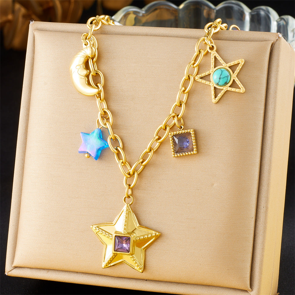 Elegant Stainless Steel Drip Oil Moon Sun Flower Pendant Necklace with Cable Chain for Women