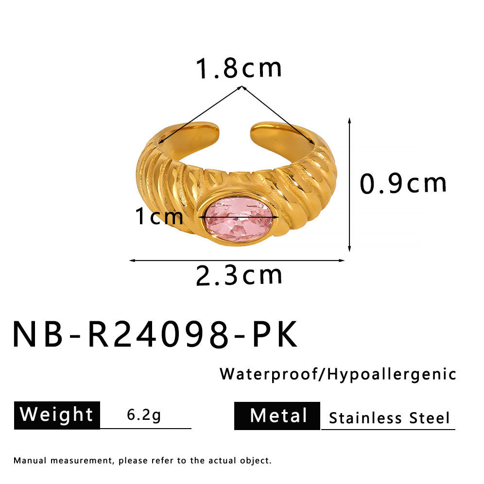 Vintage-Style Geometric Stainless Steel Ring with 18K Gold Plating and Multicolor Zircon Inlay for Women