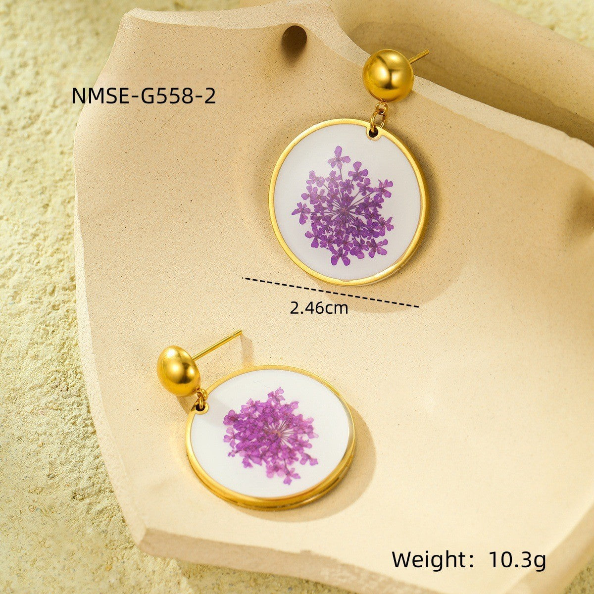 Aretes de acero inoxidable minimalistas con flores prensadas de resina y esmalte para mujer