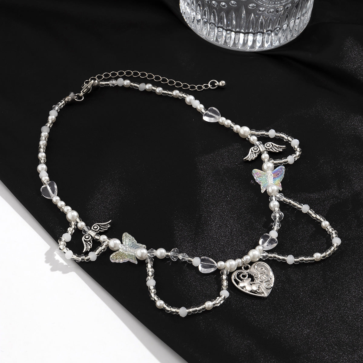 Sweet Minimalist Heart Butterfly Imitation Pearl Ball Chain Necklace for Women