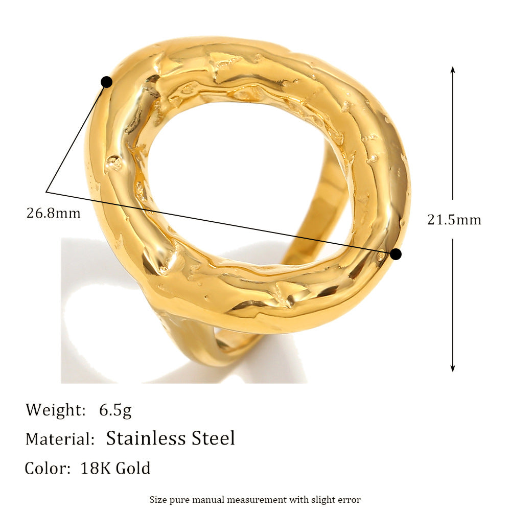 Minimalist Fashion Stainless Steel Ring with Hammered Texture and Irregular Circular Shape Plated in 18K Gold for Women