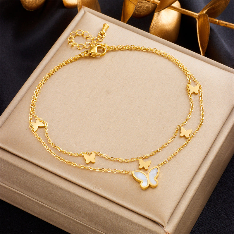 Tobillera Pulsera de Tobillo de Mariposa Pulida Minimalista de Acero de Titanio Multicapa Estilo Playa Versátil