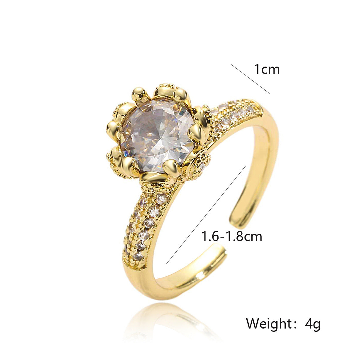 Anello Aperto Geometrico Minimalista da Donna in Ottone Placcato Oro Vero con Intarsio di Zirconi