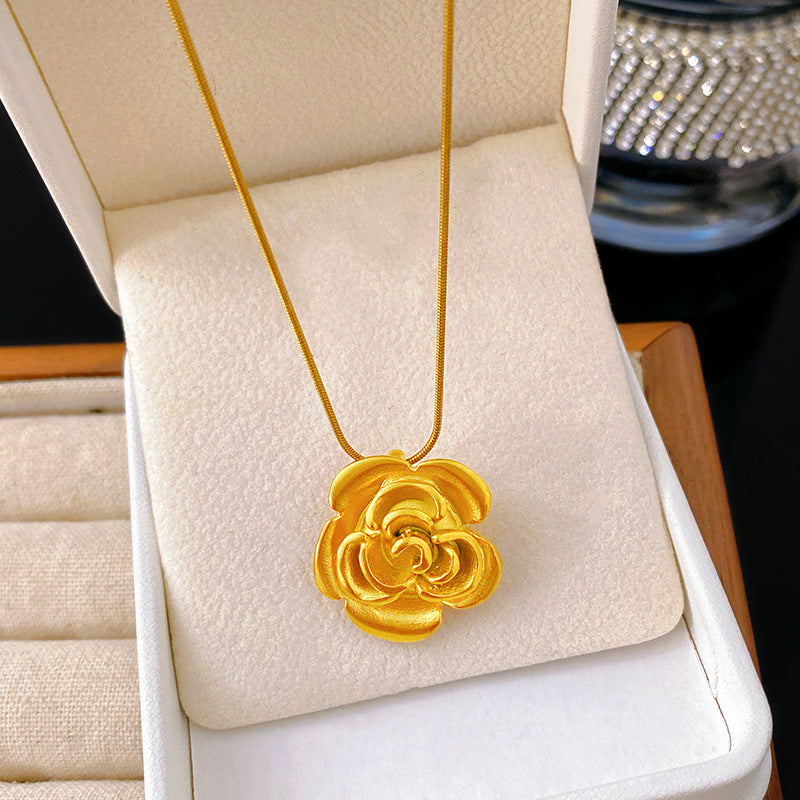 Vintage Rose Floral Titanium Steel Plated Pendant Necklace for Unisex