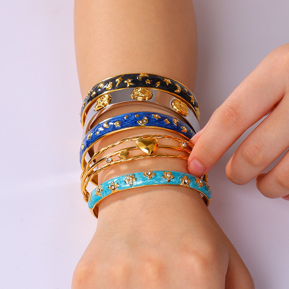 Minimalist C-Shaped Stainless Steel Bracelet with Enamel Stars and Moons, Irregular Asymmetric Design