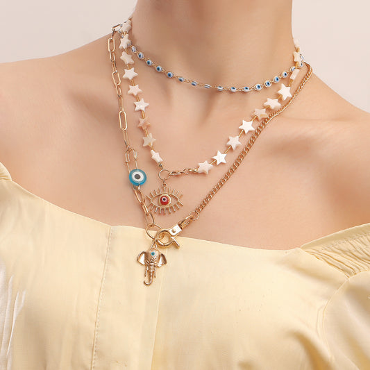 Collar con colgante de aleación con forma de estrella bohemia con abalorio de ojo turco y detalle de trompa de elefante para mujer