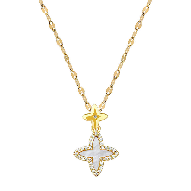 Minimalist Star and Clover Pendant Necklace in Titanium Steel with Rhinestone Accents for Women