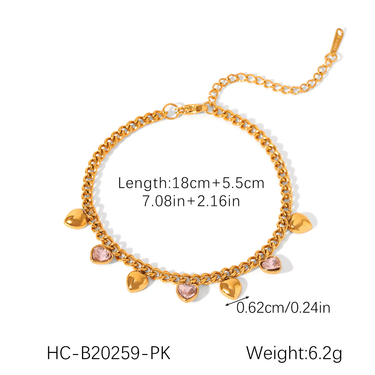 Minimalist Heart-Shaped Stainless Steel Cuban Link Bracelet with Zircon Inlay and Tassel Detail for Women