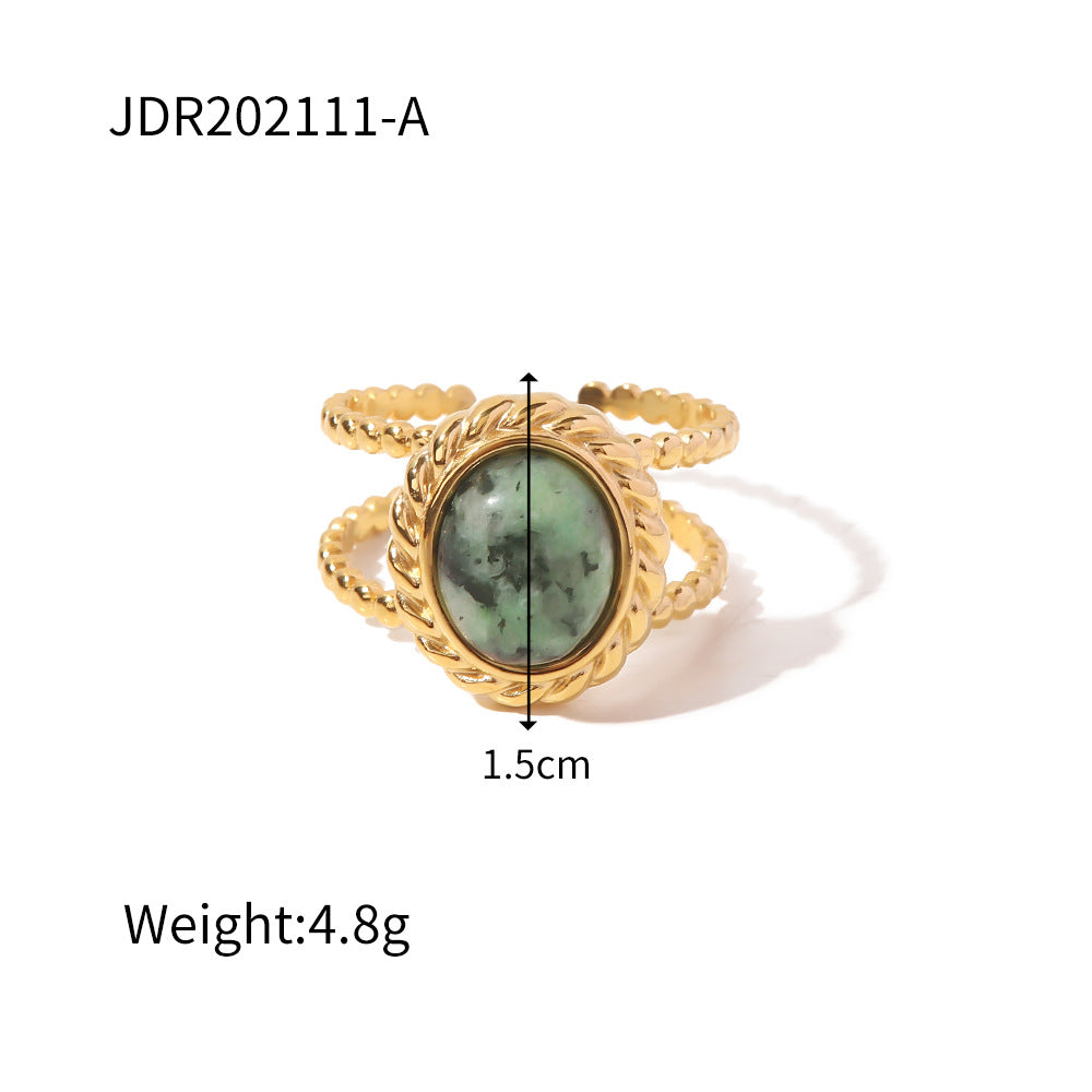 Anello da donna in acciaio inossidabile con motivo geometrico stile vintage e intarsi in pietra naturale, anello alla moda con fascia aperta regolabile