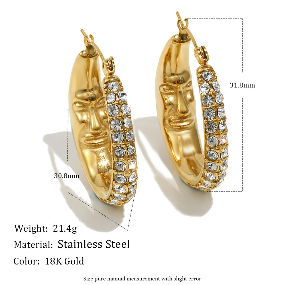 Pendientes de Acero Inoxidable con Cara de Luna Geométrica, Baño de Oro de 18K y Detalles de Circonita Cúbica