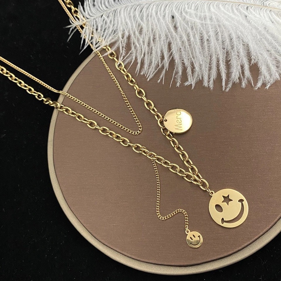Cute Geometric Smiley Face Double-Layer Titanium Steel Necklace for Women with Plated Finish and Cross Chain Style