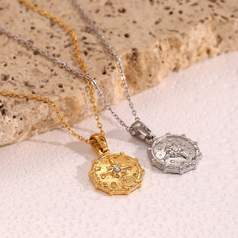 Minimalist Fashion Stainless Steel Octagram Round Nautical Compass Pendant Necklace for Women