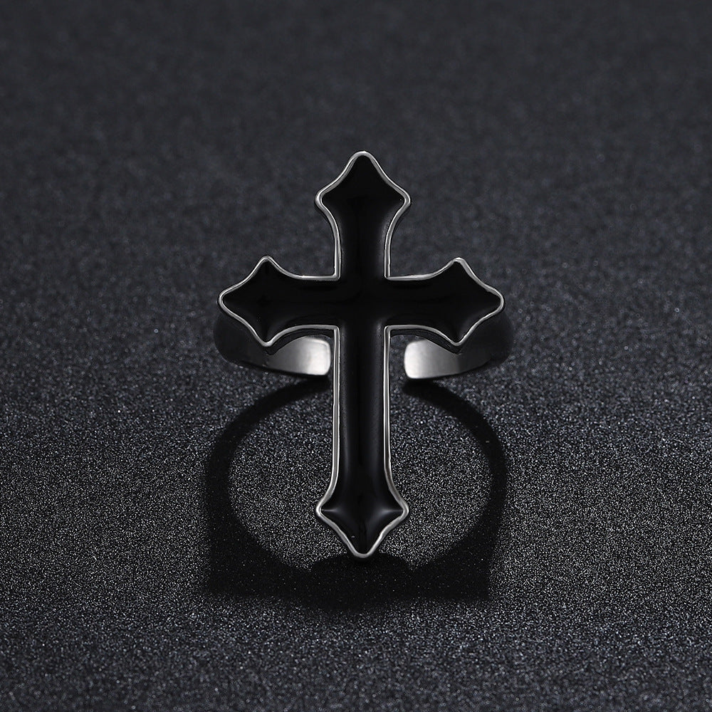 Anillo gótico negro grande ajustable con forma de cruz para hombres y mujeres, banda de aleación con acabado galvanizado