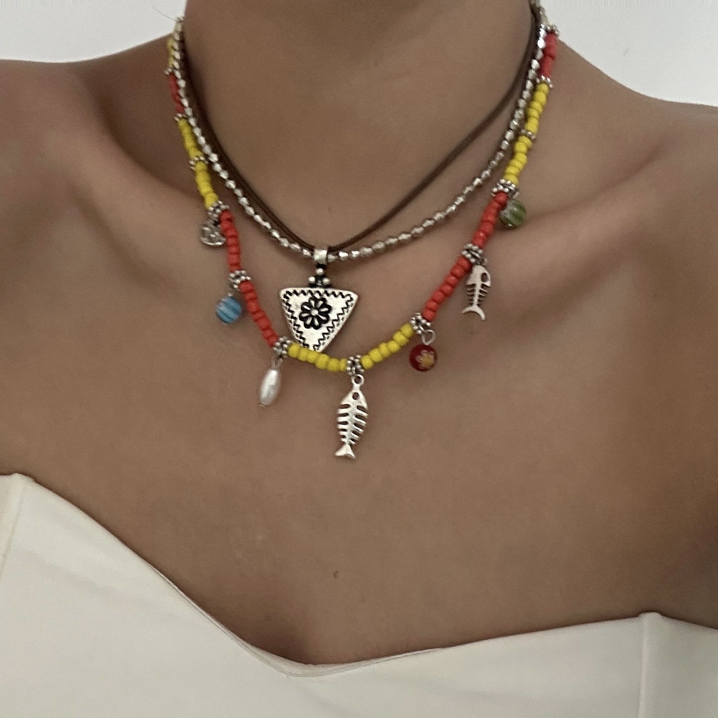 Vintage Bohemian Sweet Geometric Alloy Resin Leather Beaded Necklace for Women