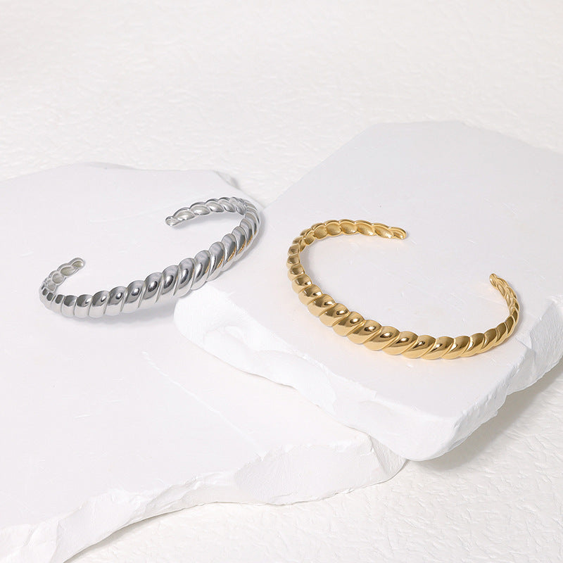 Minimalist Titanium Steel Bracelet with Geometric Line Design Electroplated Stainless Steel Adjustable Cuff for Women