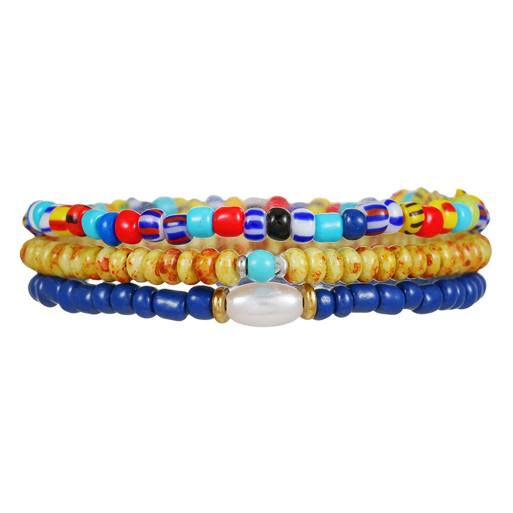 Bohemian Geometric Round Glass Beaded Handmade Bracelet with Pearl Color Block Design for Unisex