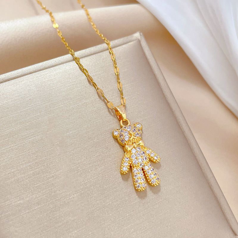 Luxury Titanium Steel Geometric Bear Pendant Necklace with Rhinestone Accents for Women, Adjustable Locket Chain