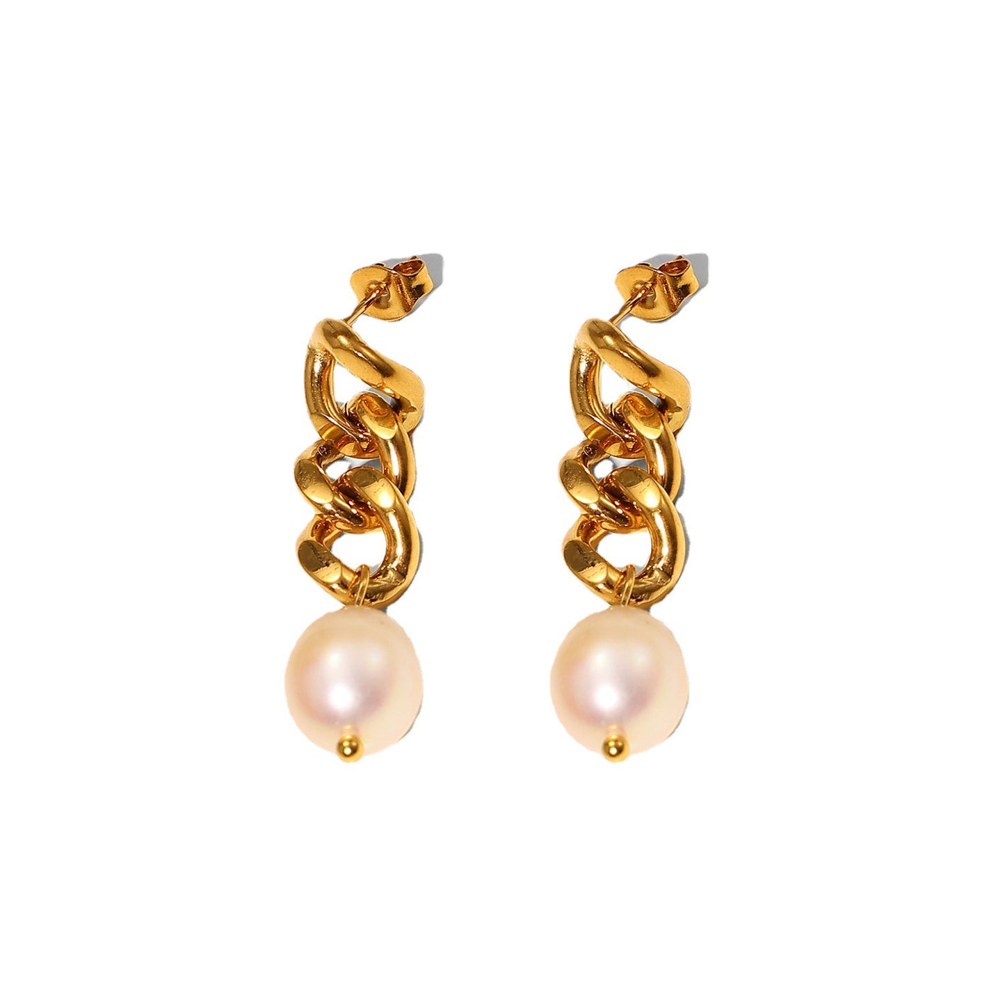 Geometric Baroque Pearl Dangle Earrings with 18K Gold Plated Stainless Steel Cuban Chain for Women
