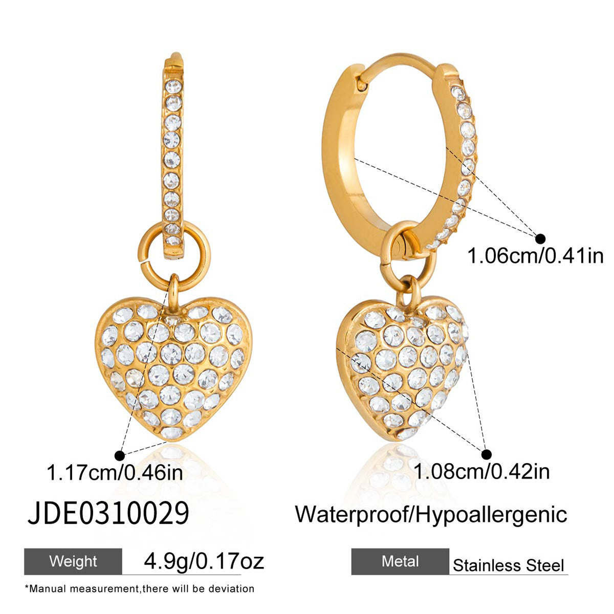 Elegant Heart Rhinestone Plated Stainless Steel Earrings for Women