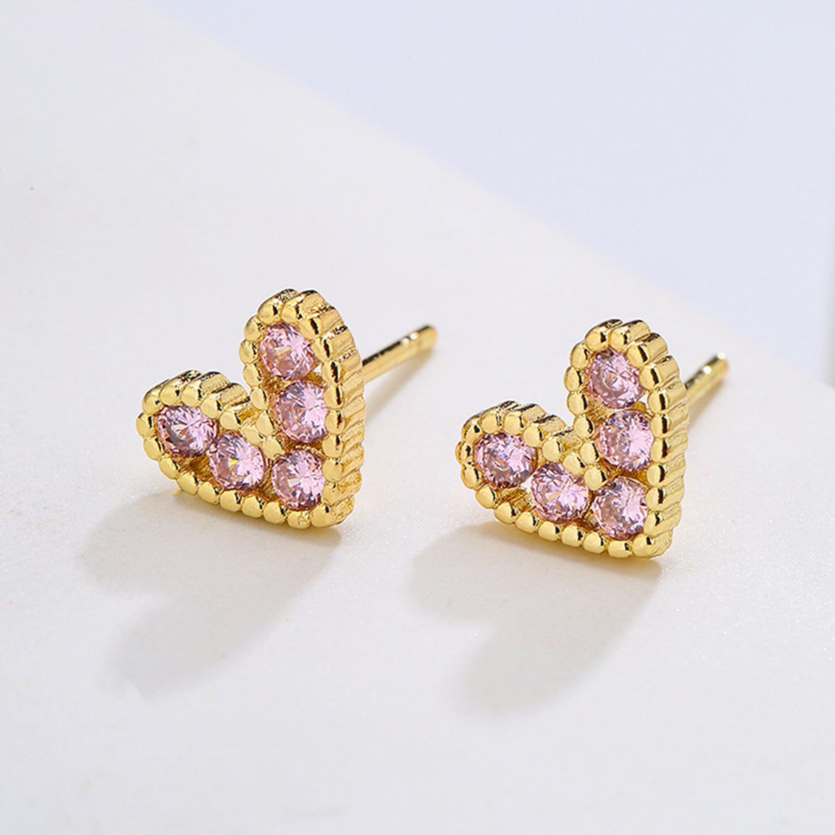 Minimalist 18K Gold Plated Brass Heart Stud Earrings with Cubic Zirconia for Women